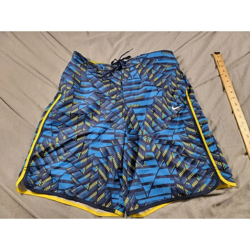 Nike Board Shorts Mens XL Blue Geometric Lined Swim Trunks w/ pockets 10' inseam